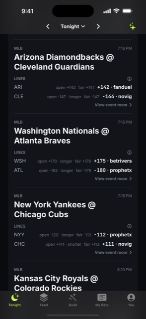 The Tonight tab: tonight's MLB slate with each game's best price per side, the opening number, and the market's fair value.